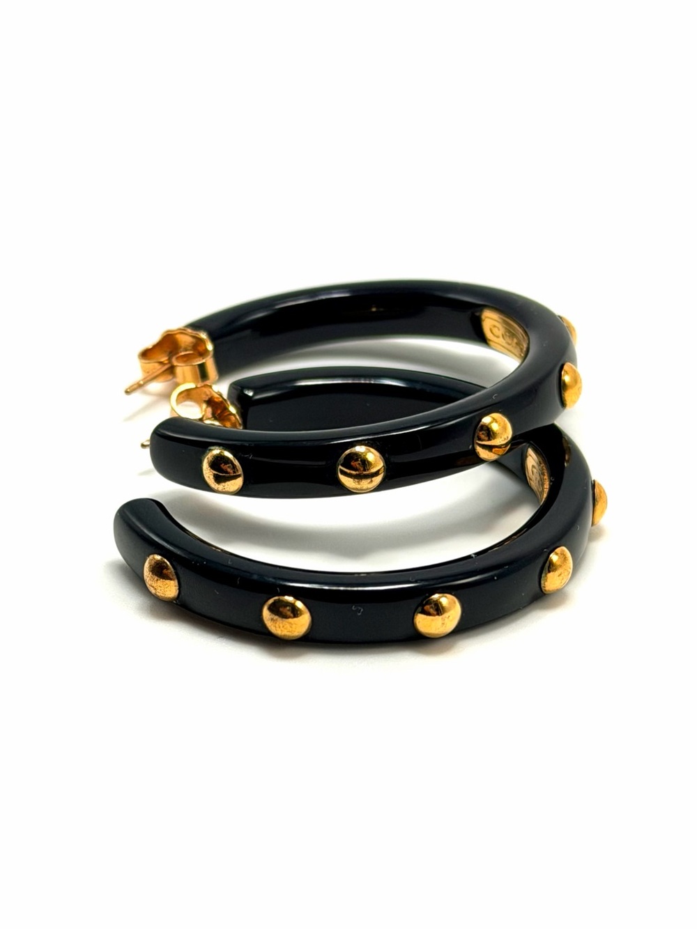 Coach Black Lucite Gold Tone Studded Hoop Earrings 1.5” Logo - Picture 11 of 14